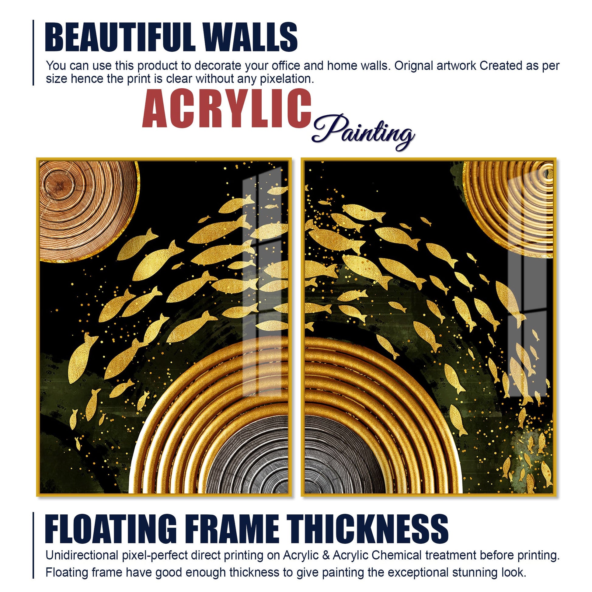 Golden Fishes Acrylic Floating Wall Painting Set of 2