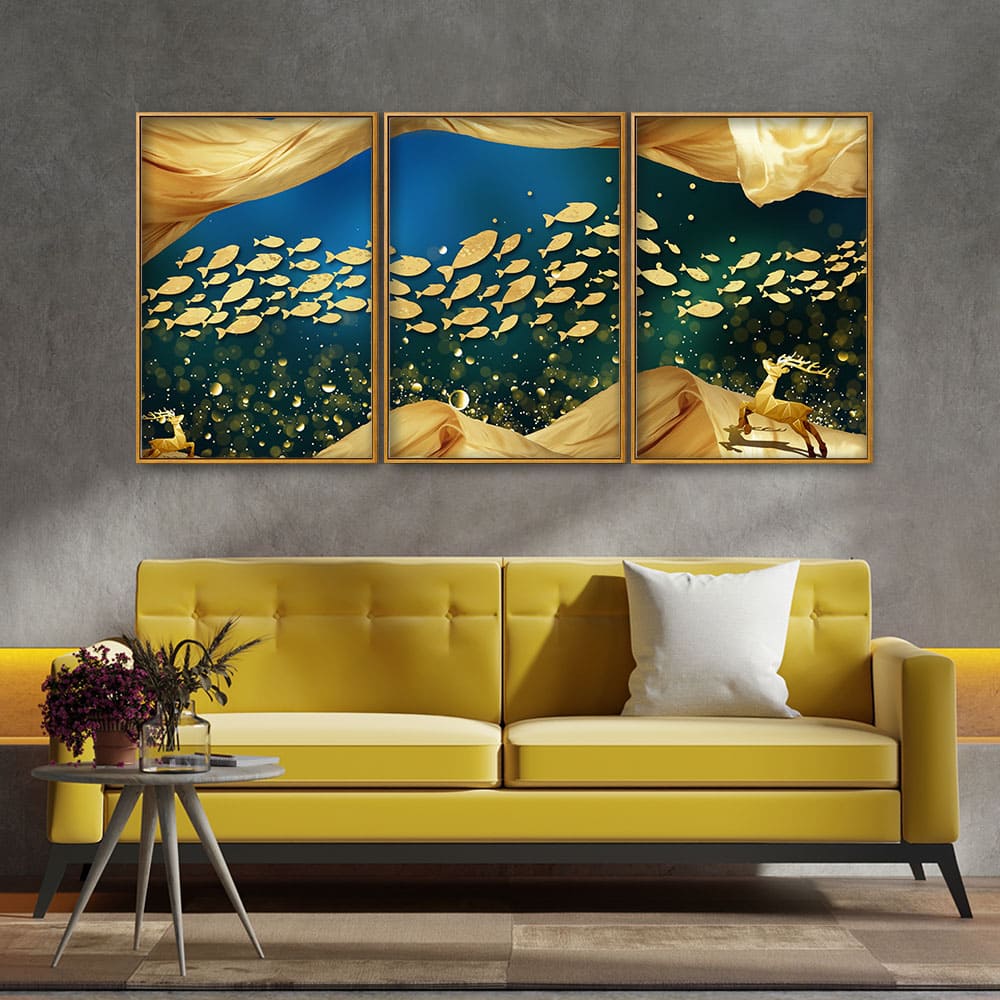 Golden Fishes in the Ocean Premium Floating Canvas Wall Painting Set of Three