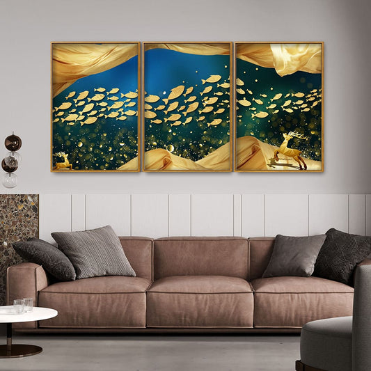 Golden Fishes in the Ocean Premium Floating Canvas Wall Painting Set of Three