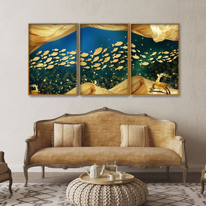 Golden Fishes in the Ocean Premium Floating Canvas Wall Painting Set of Three