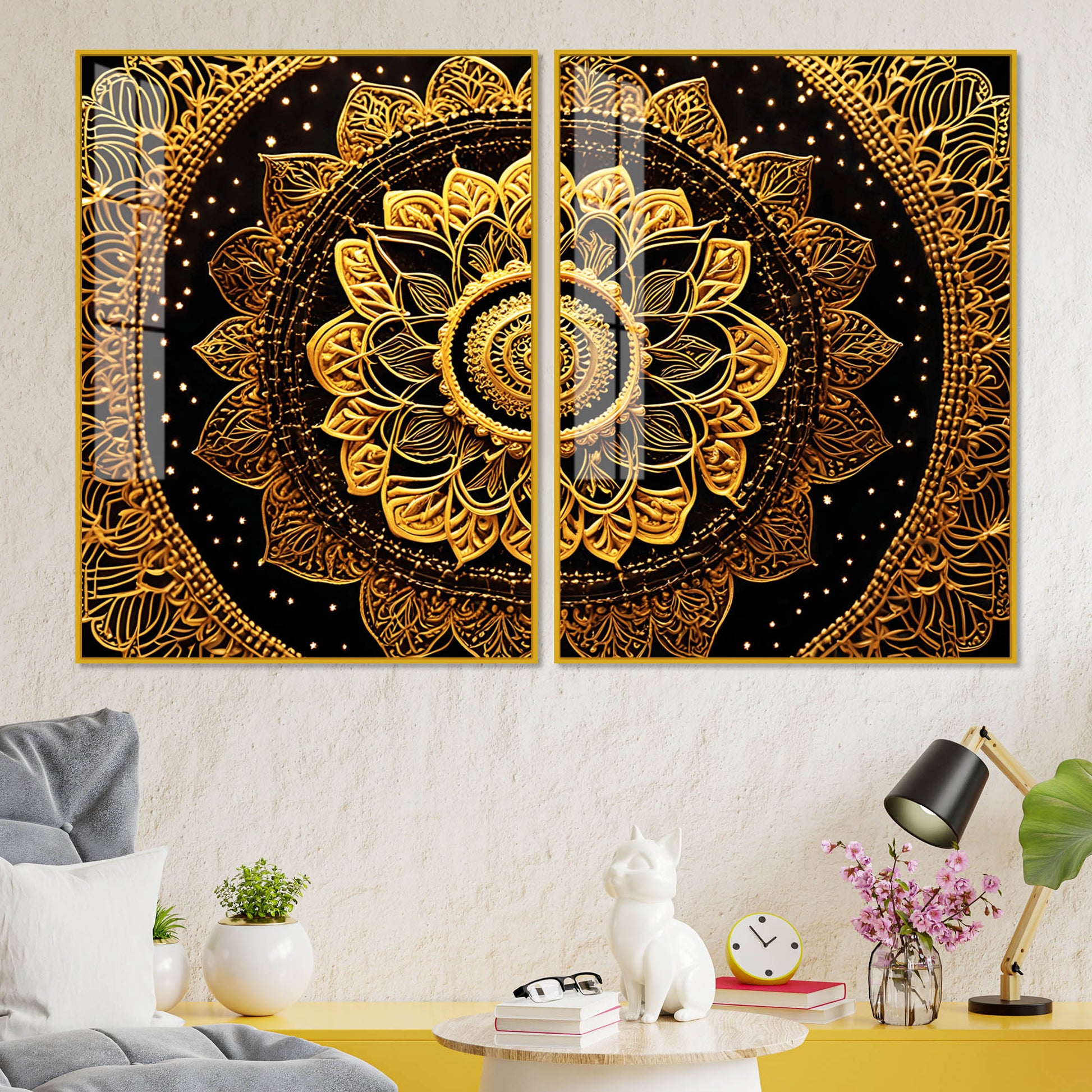 Golden Floral Mandala Acrylic Art Floating Wall Painting Set of 2