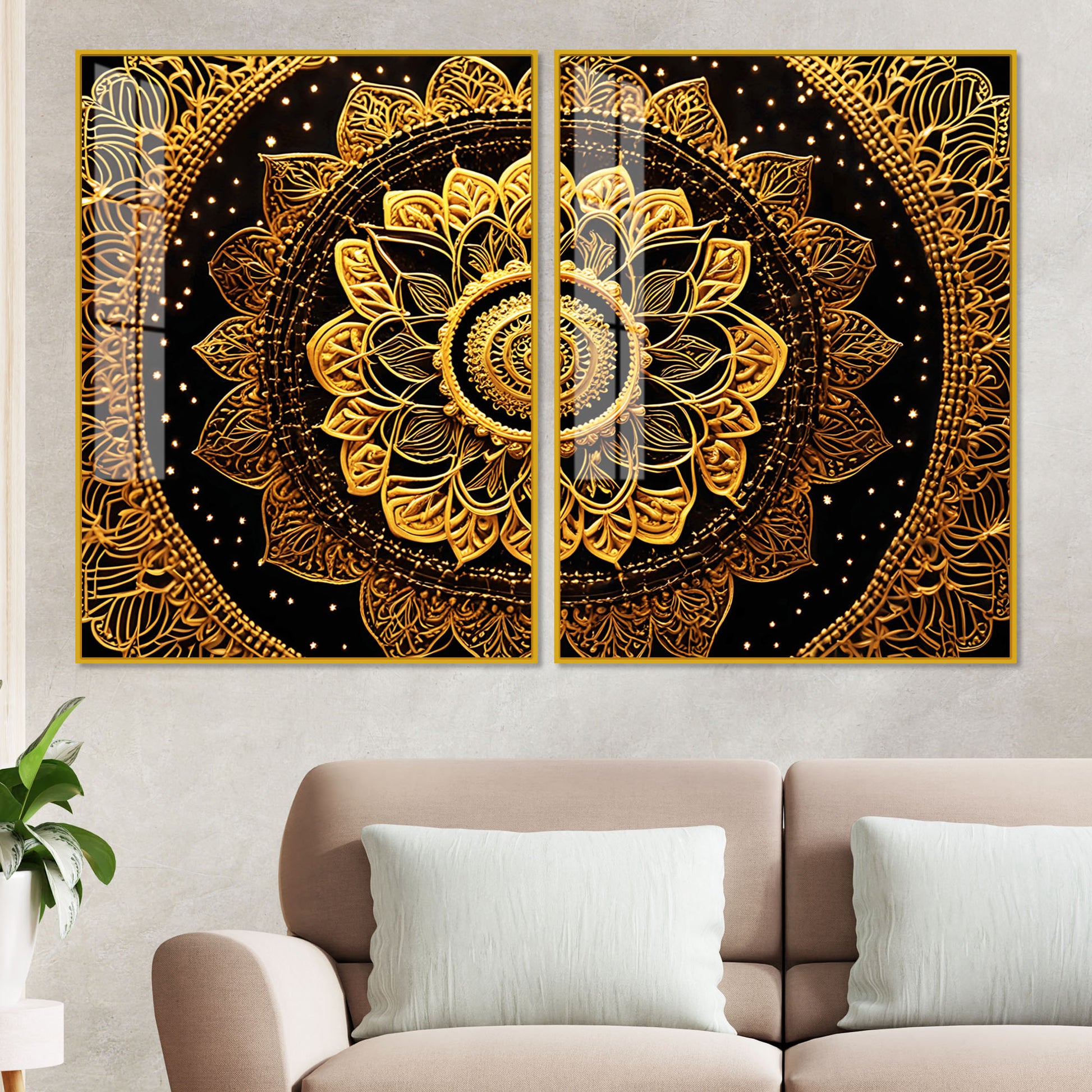 Golden Floral Mandala Acrylic Art Floating Wall Painting Set of 2