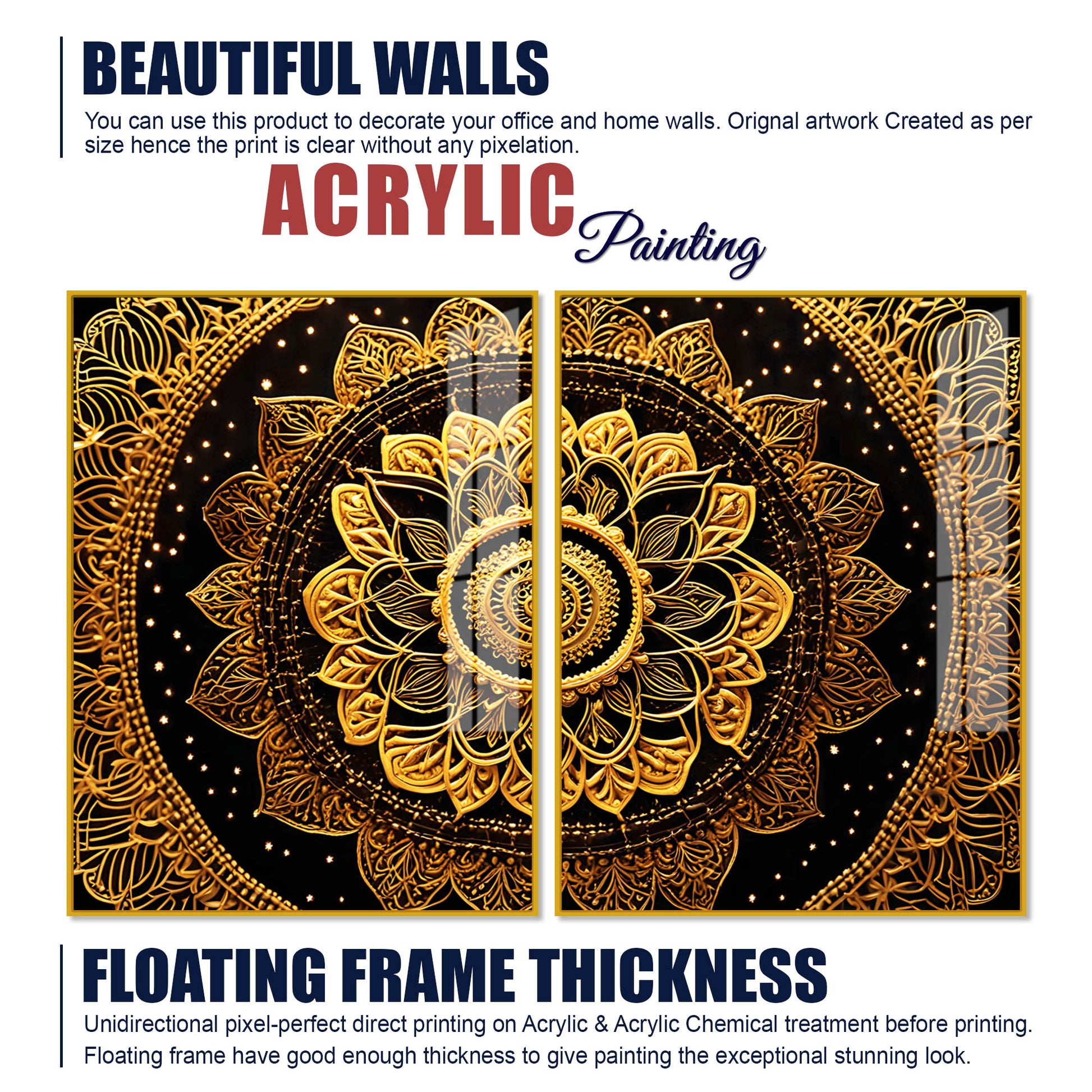 Golden Floral Mandala Acrylic Art Floating Wall Painting Set of 2