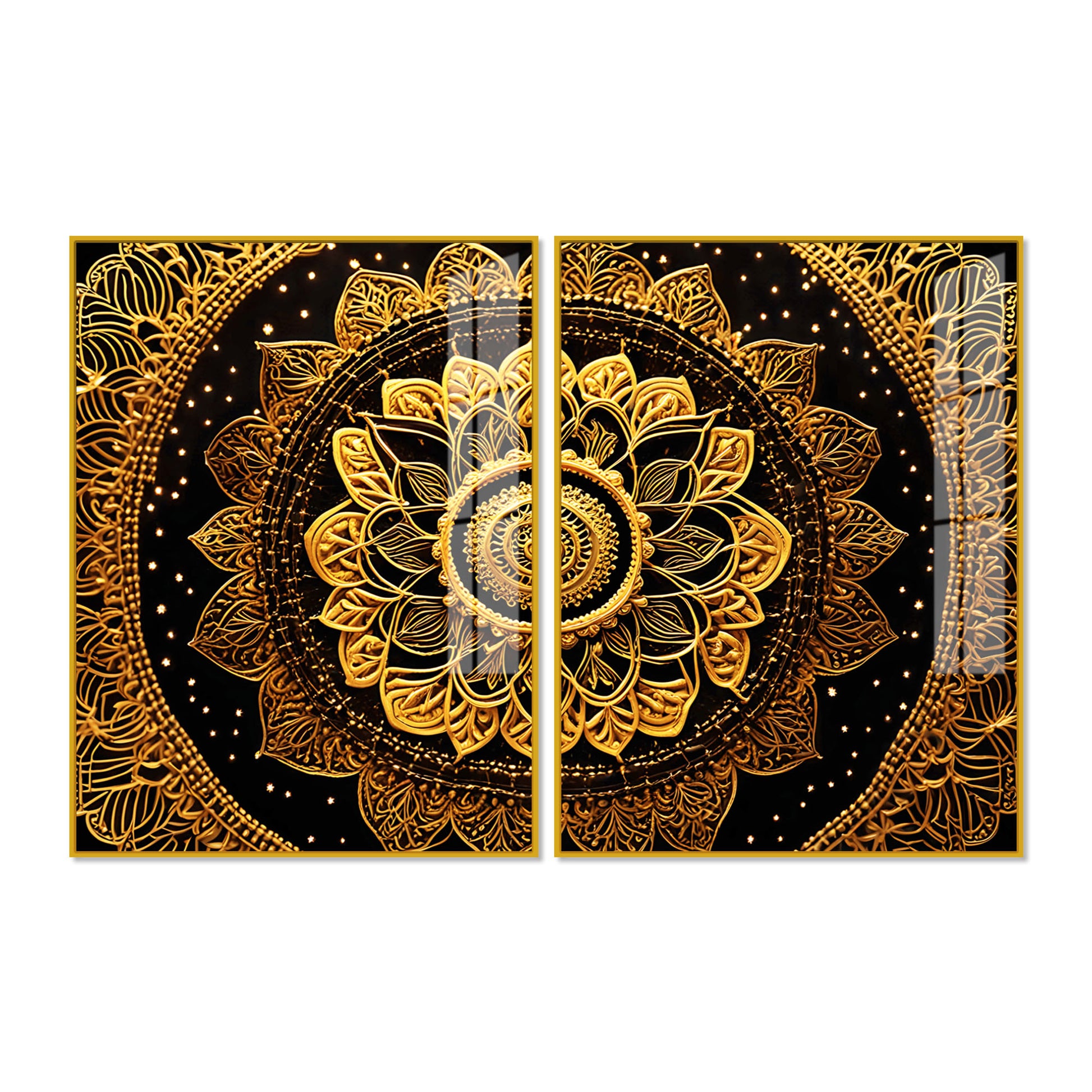 Golden Floral Mandala Acrylic Art Floating Wall Painting Set of 2