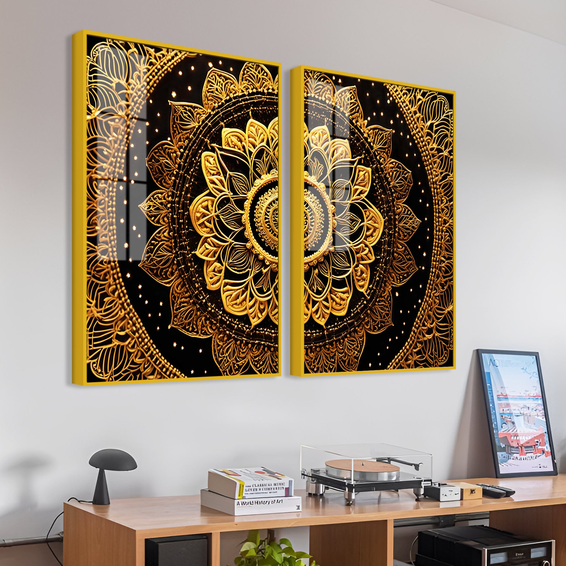 Golden Floral Mandala Acrylic Art Floating Wall Painting Set of 2