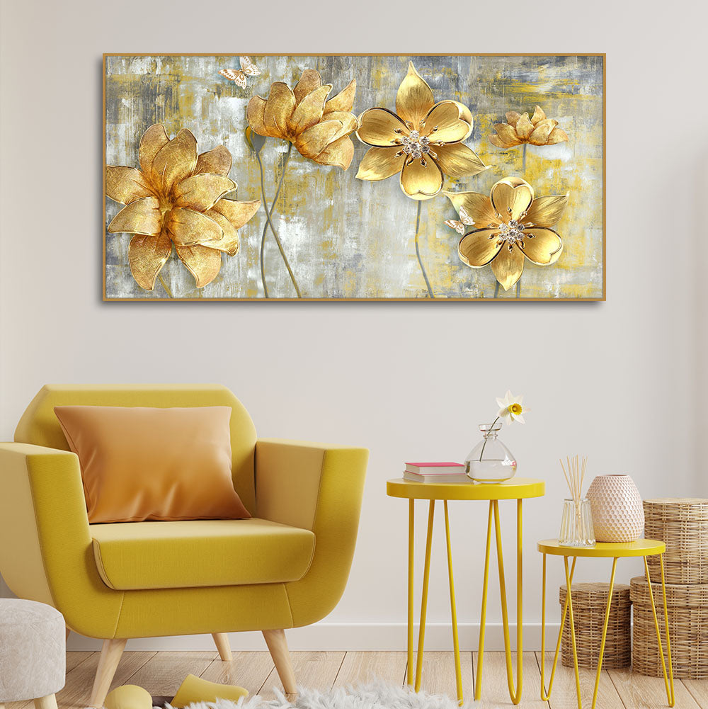 Golden Flowers Abstracts Art Canvas wall painting