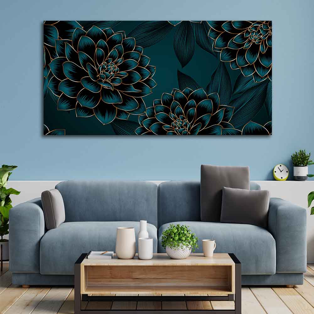 Golden Flowers Dahlia and Leaves Wall Painting