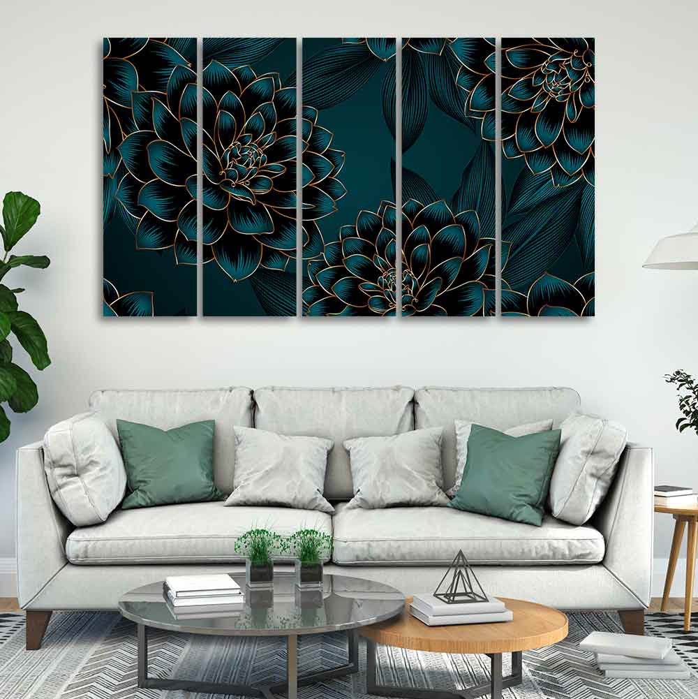 Golden Flowers Dahlia and Leaves Wall Painting of Five Pieces