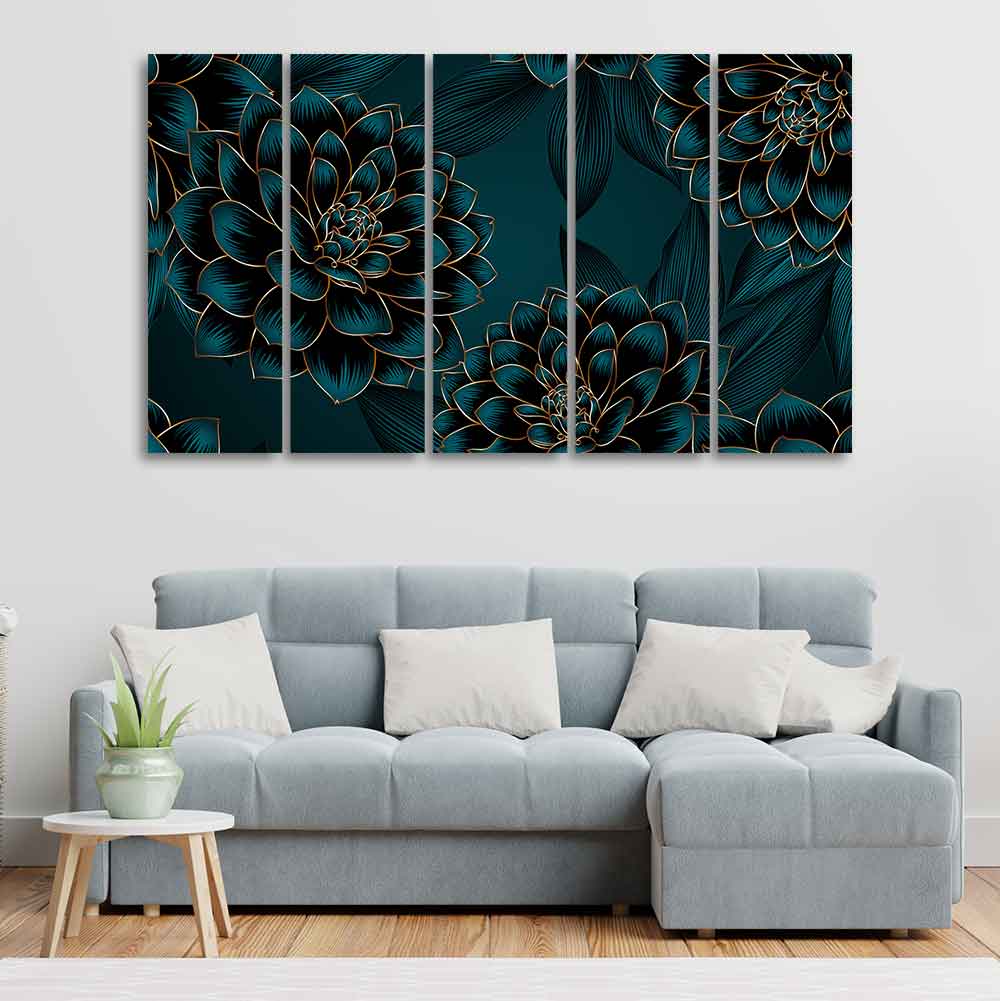 Golden Flowers Dahlia and Leaves Wall Painting of Five Pieces