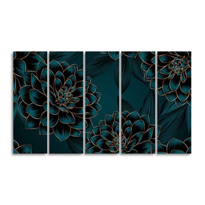 Golden Flowers Dahlia and Leaves Wall Painting of Five Pieces