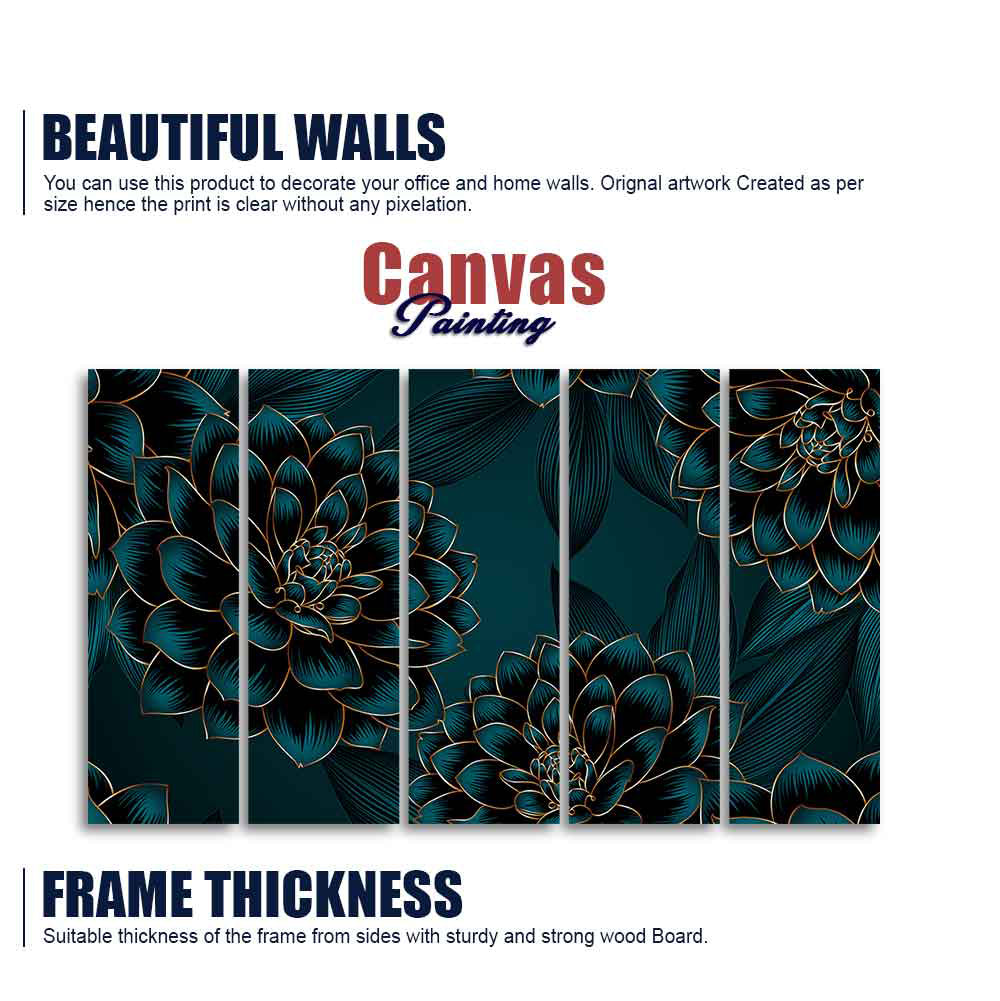 Golden Flowers Dahlia and Leaves Wall Painting of Five Pieces