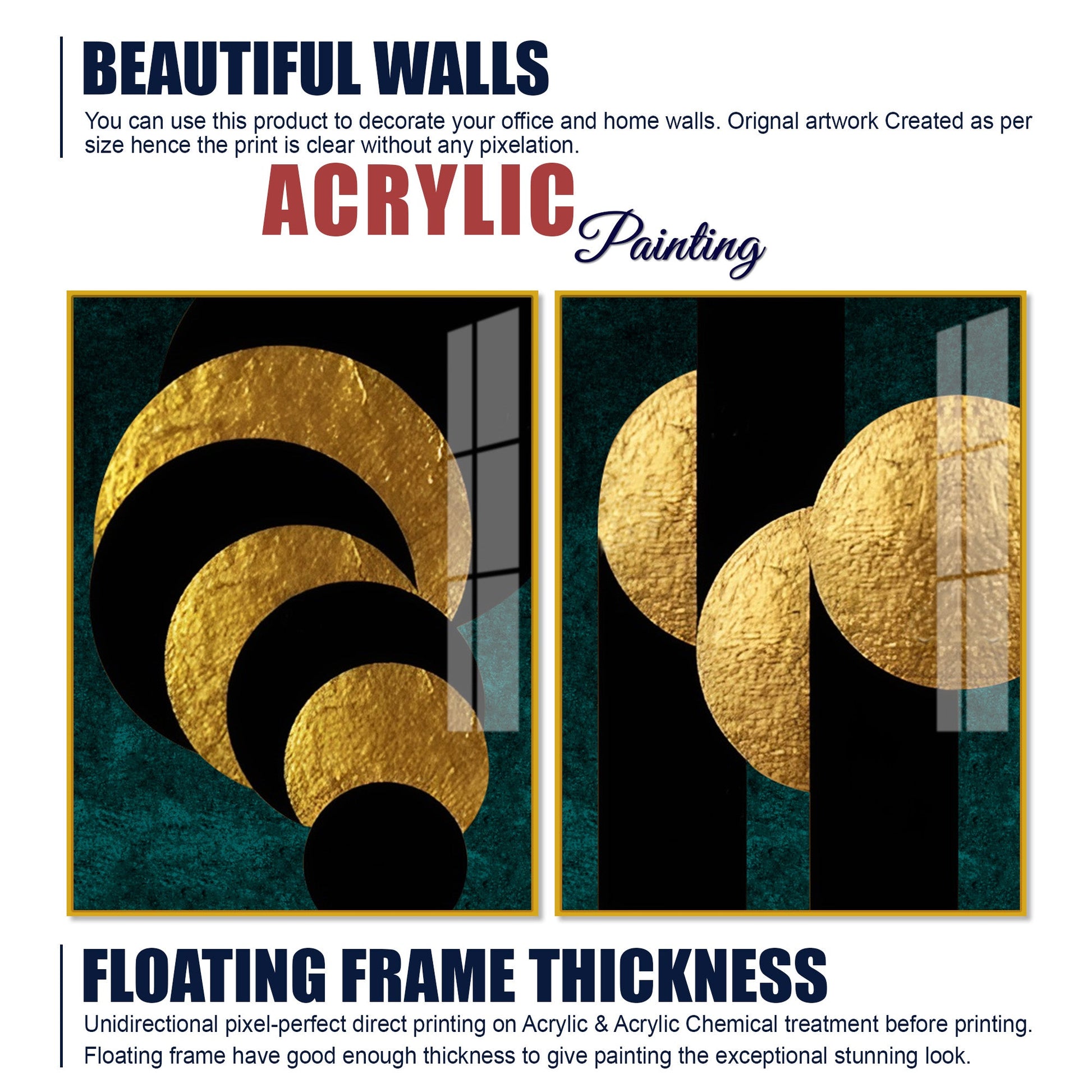 Golden Geometric Circles Shapes Art Acrylic Floating Wall Painting Set Of 2