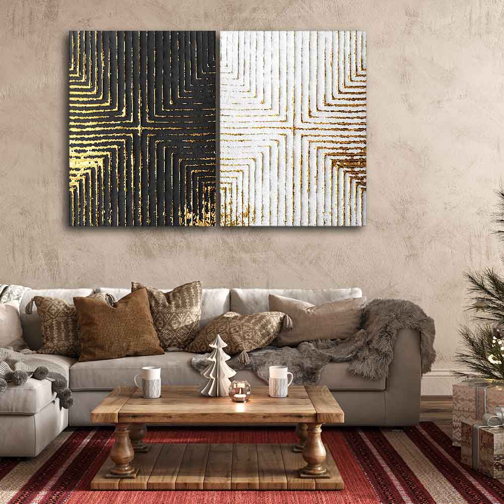 Golden Geometric Pattern Canvas Wall Painting of Two Pieces