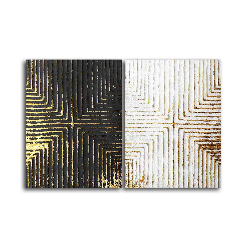 Golden Geometric Pattern Canvas Wall Painting of Two Pieces