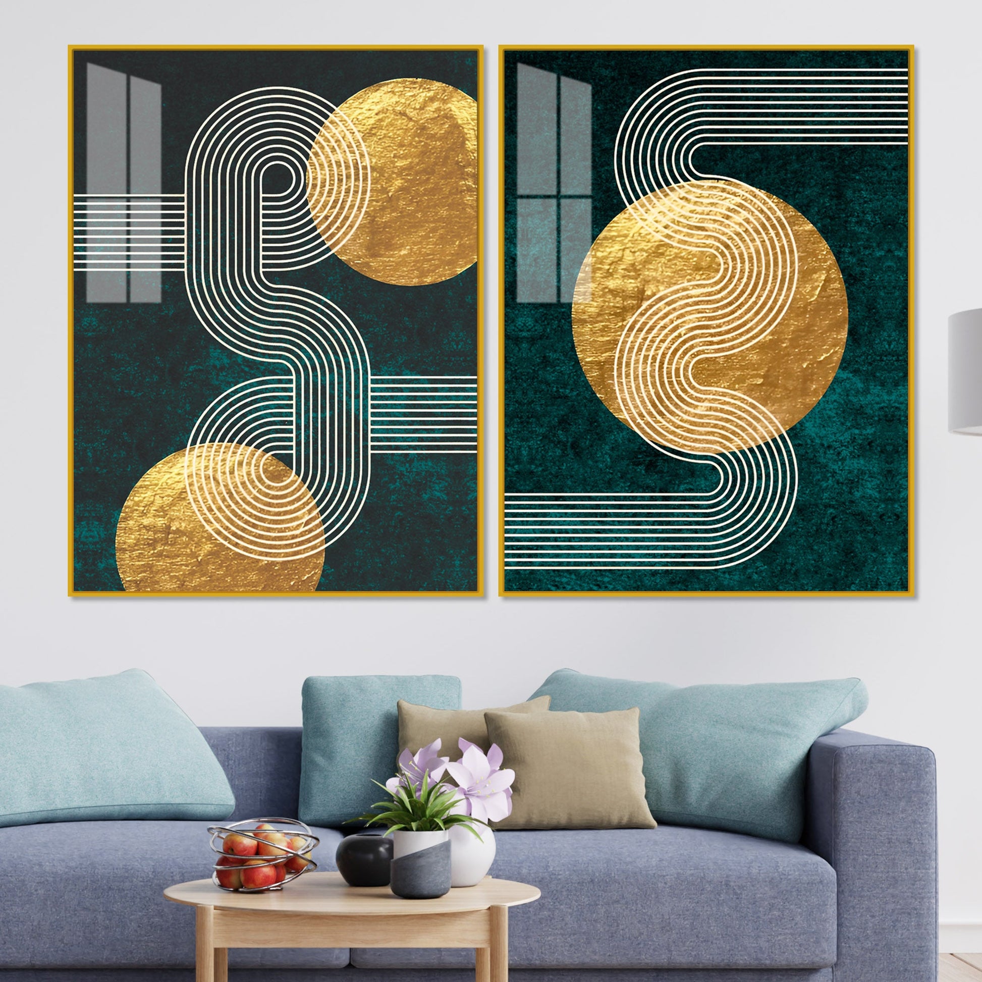 Golden Geometrical Pattern Acrylic Floating Wall Painting Set of 2