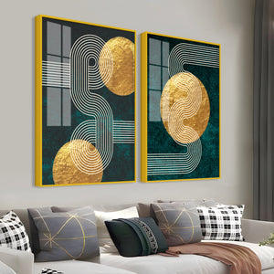 Golden Geometrical Pattern Acrylic Floating Wall Painting Set of 2