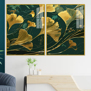 Golden Ginkgo Biloba Leaves Drawn Acrylic Floating Wall Painting Set Of 2