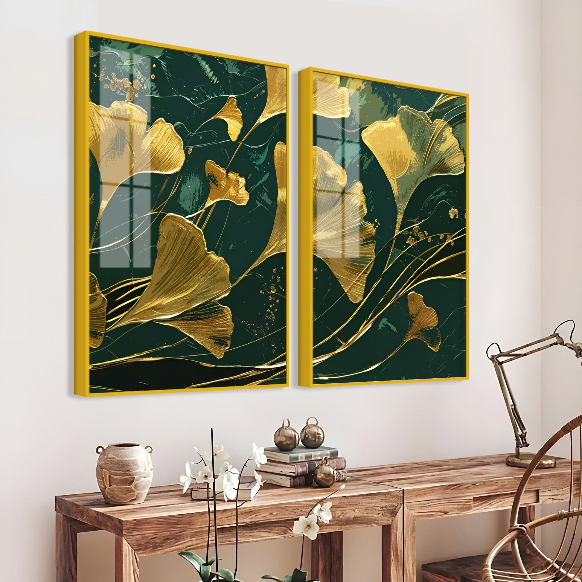 Golden Ginkgo Biloba Leaves Drawn Acrylic Floating Wall Painting Set Of 2