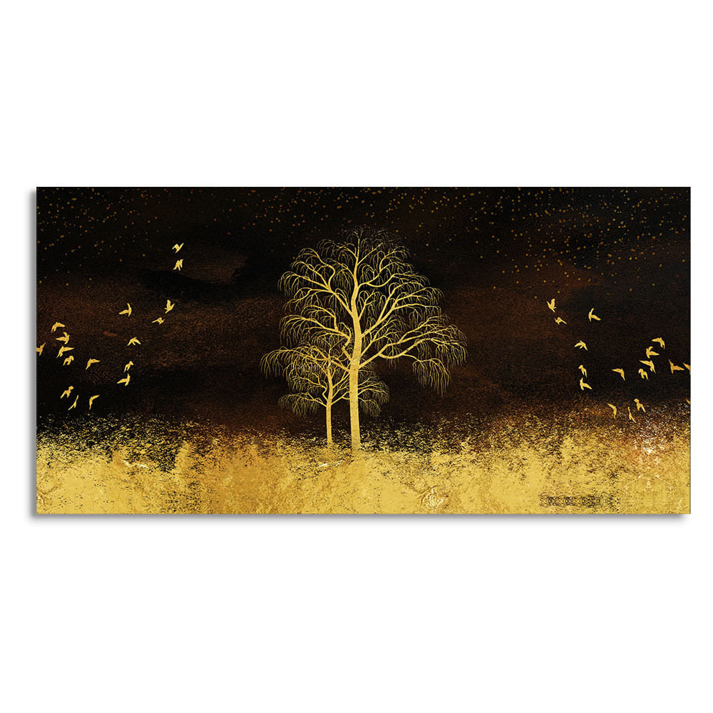 Golden Grass Trees with Birds in Dark Background Wall Painting