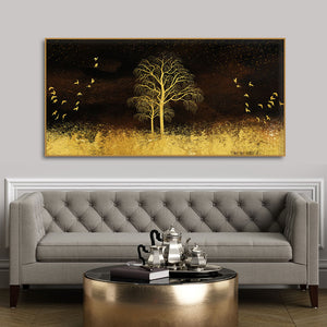 Golden Grass Trees with Birds in Dark Background Wall Painting