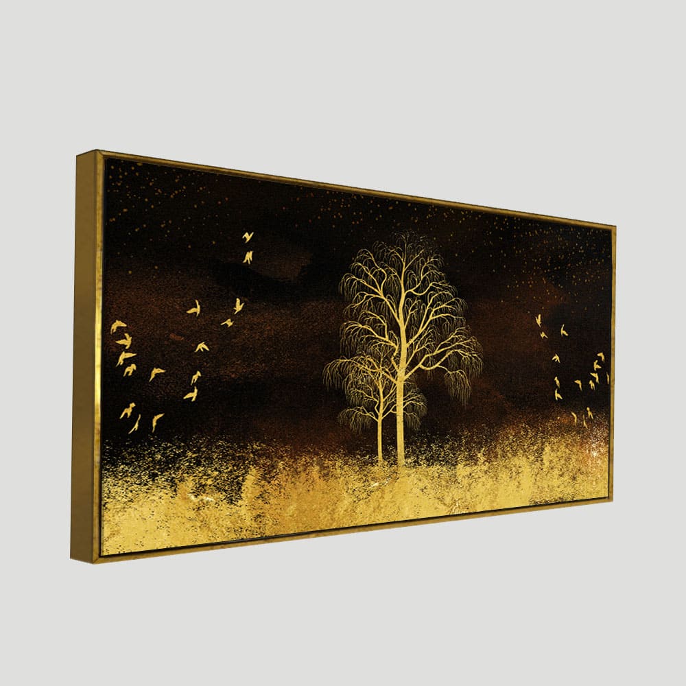 Golden Grass Trees with Birds in Dark Background Wall Painting