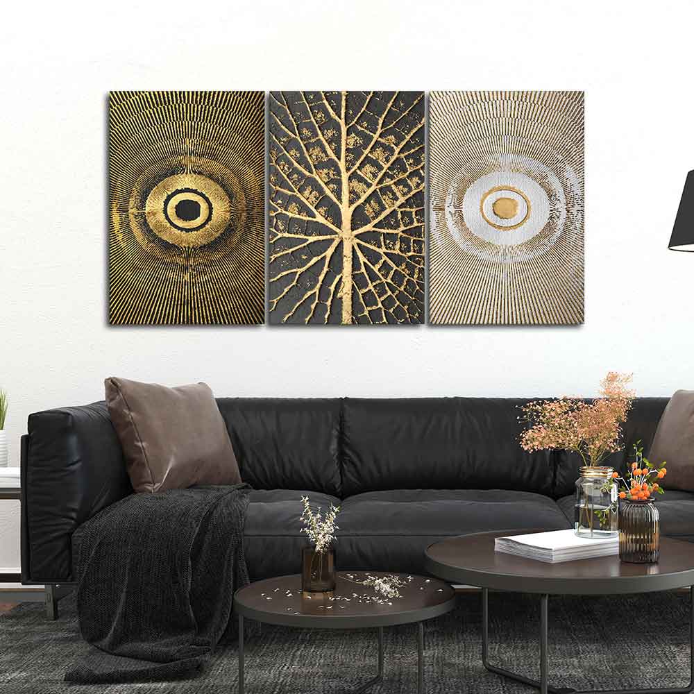 Golden Leaf and 3D Design Wall Painting of 3 Pieces