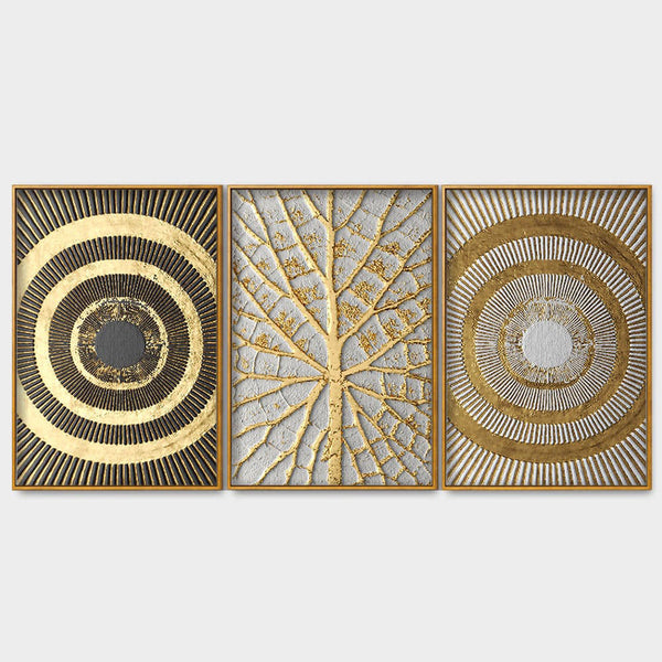 Golden Leaf and 3D Pattern Floating Canvas Wall Painting Set of Three