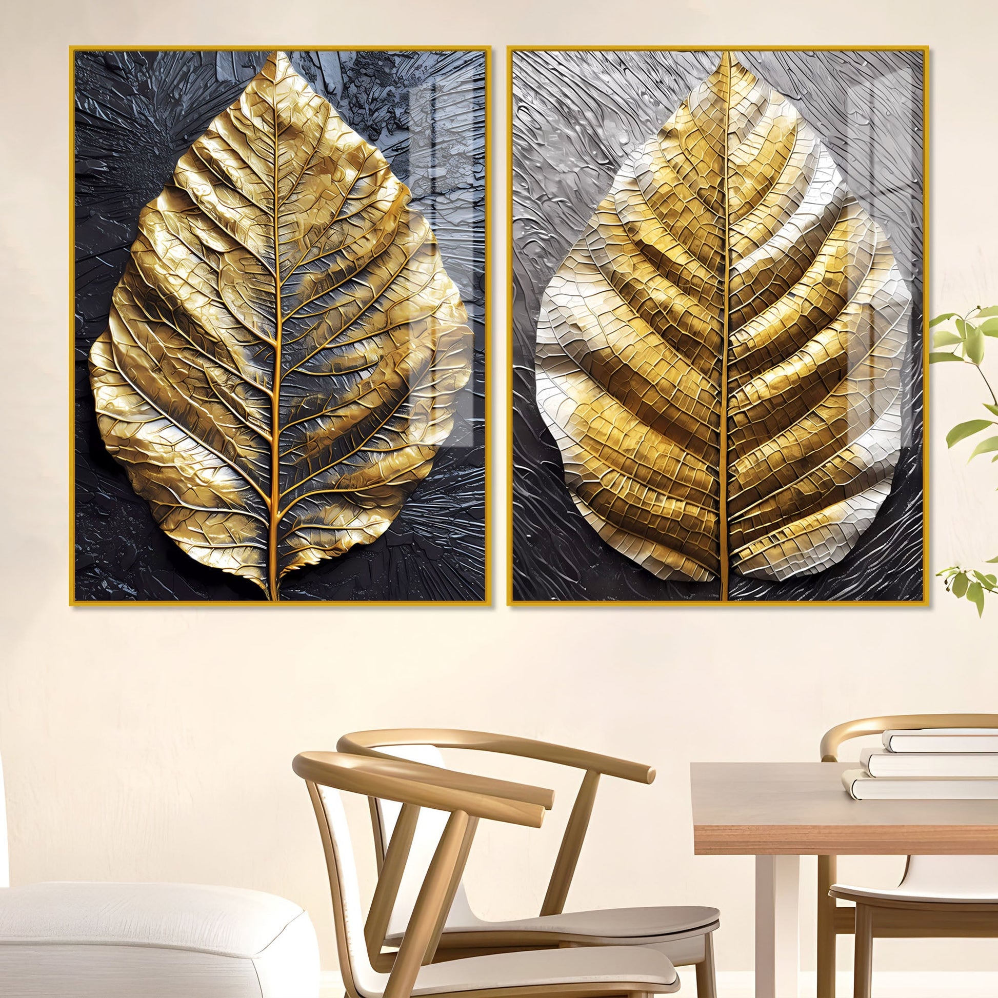 Golden Leaf Textured Impasto Layers Acrylic Floating Wall Painting Set Of 2