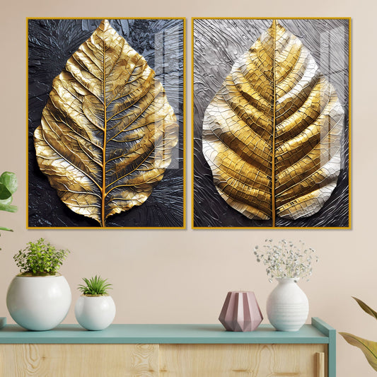 Golden Leaf Textured Impasto Layers Acrylic Floating Wall Painting Set Of 2