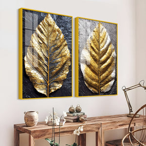 Golden Leaf Textured Impasto Layers Acrylic Floating Wall Painting Set Of 2