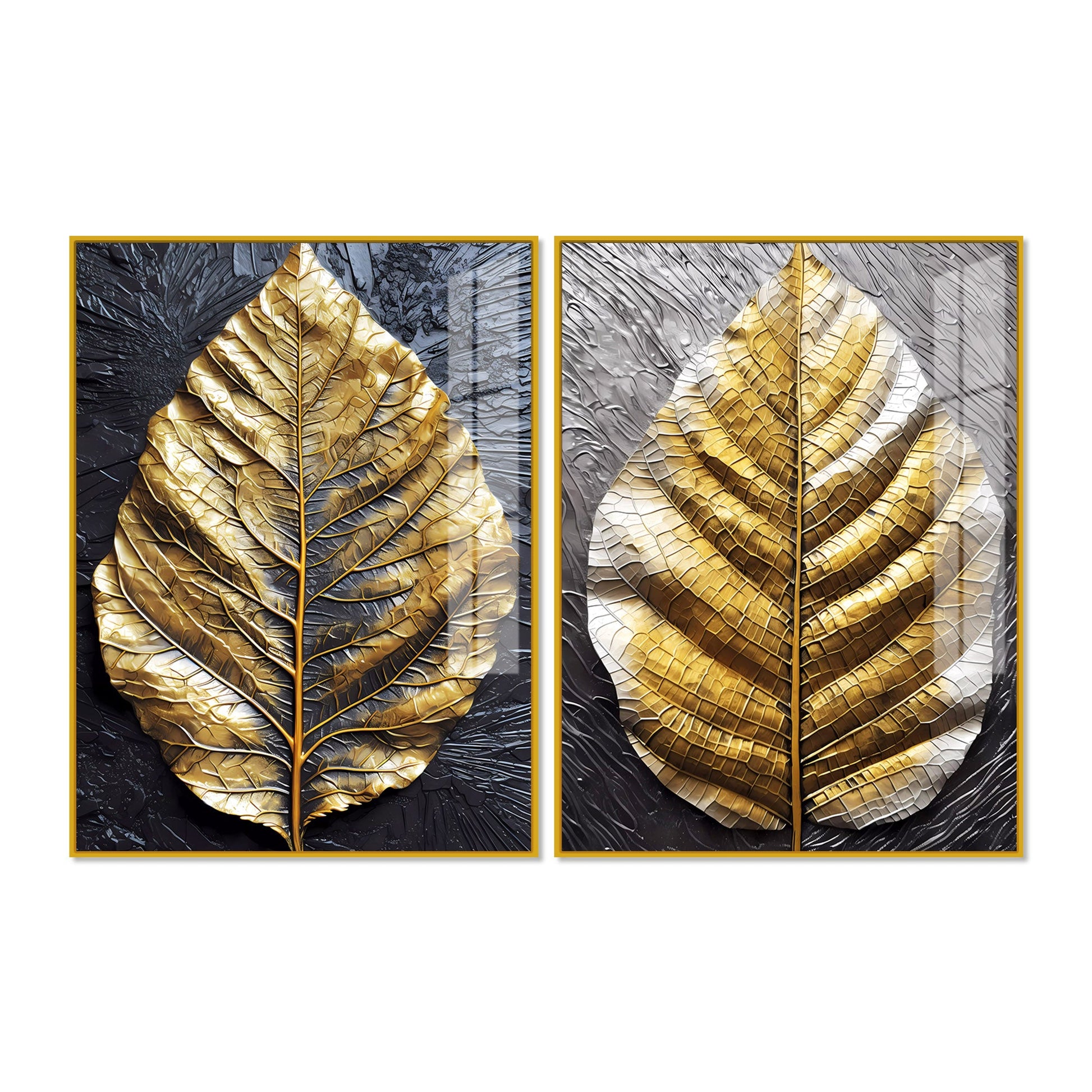 Golden Leaf Textured Impasto Layers Acrylic Floating Wall Painting Set Of 2