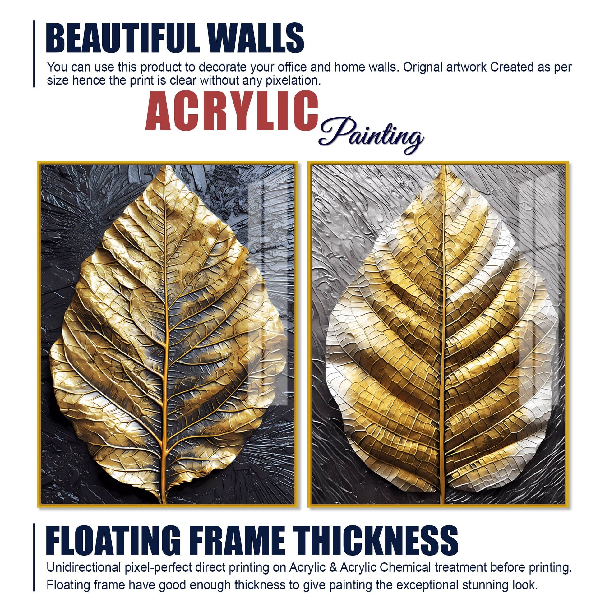 Golden Leaf Textured Impasto Layers Acrylic Floating Wall Painting Set Of 2