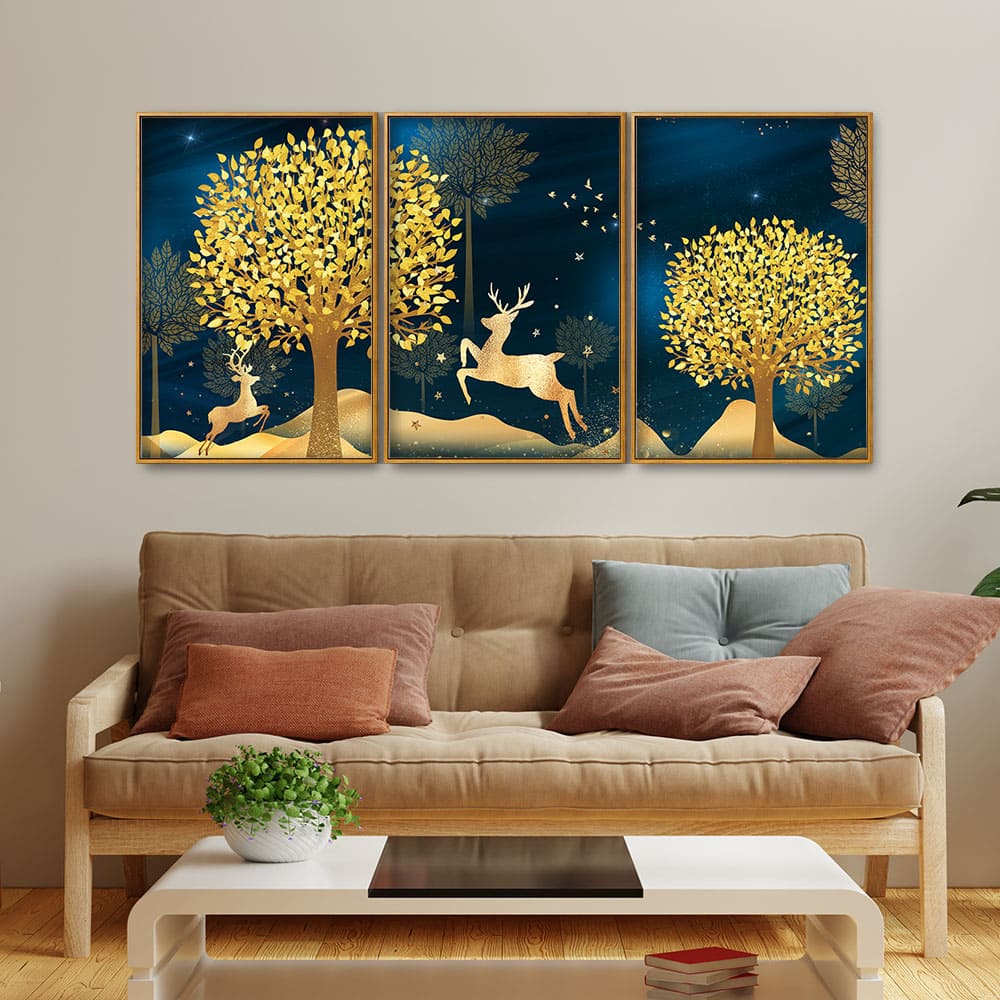 Golden Leaf Tree with Golden Deer Floating Canvas Wall Painting Set of Three