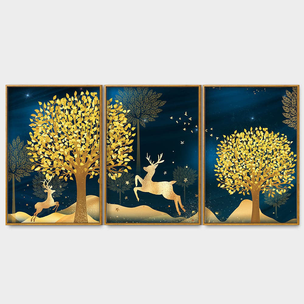 Golden Leaf Tree with Golden Deer Floating Canvas Wall Painting Set of Three