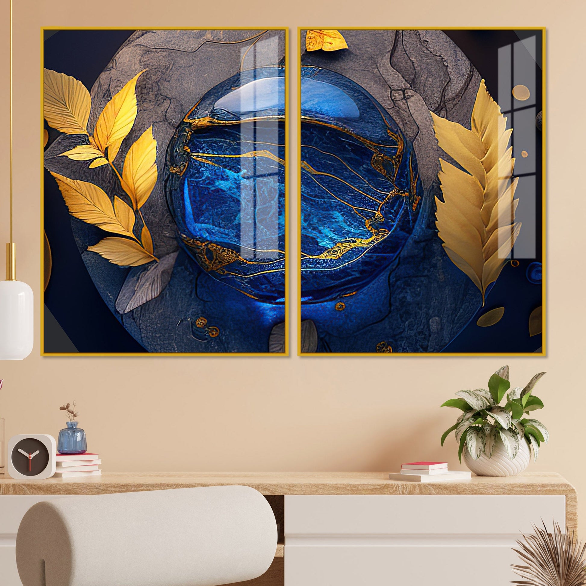 Golden Leaves Acrylic Floating Wall Painting Set of 2