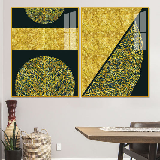 Golden Leaves and Line Art Acrylic Floating Wall Painting Set Of 2