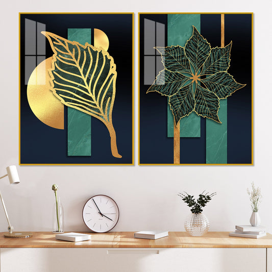 Golden Line Leaves Acrylic Floating Wall Painting Set of 2