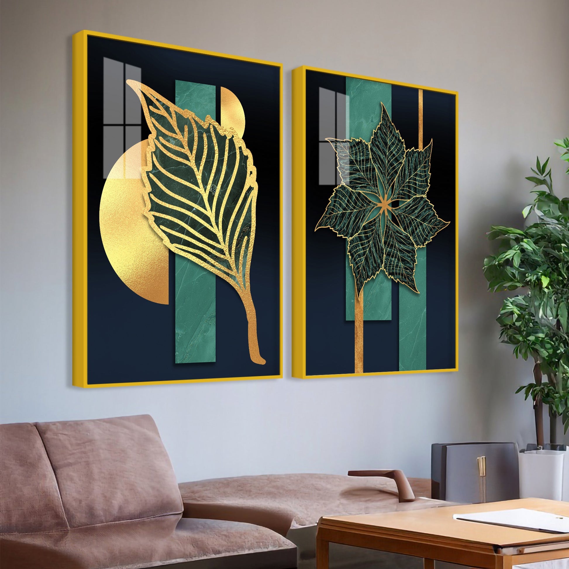 Golden Line Leaves Acrylic Floating Wall Painting Set of 2