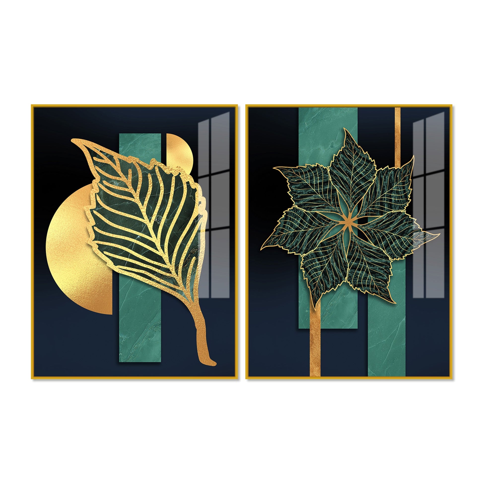 Golden Line Leaves Acrylic Floating Wall Painting Set of 2