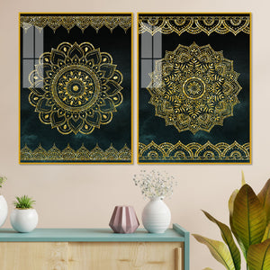 Golden Mandala Pattern Acrylic Floating Wall Painting Set of 2