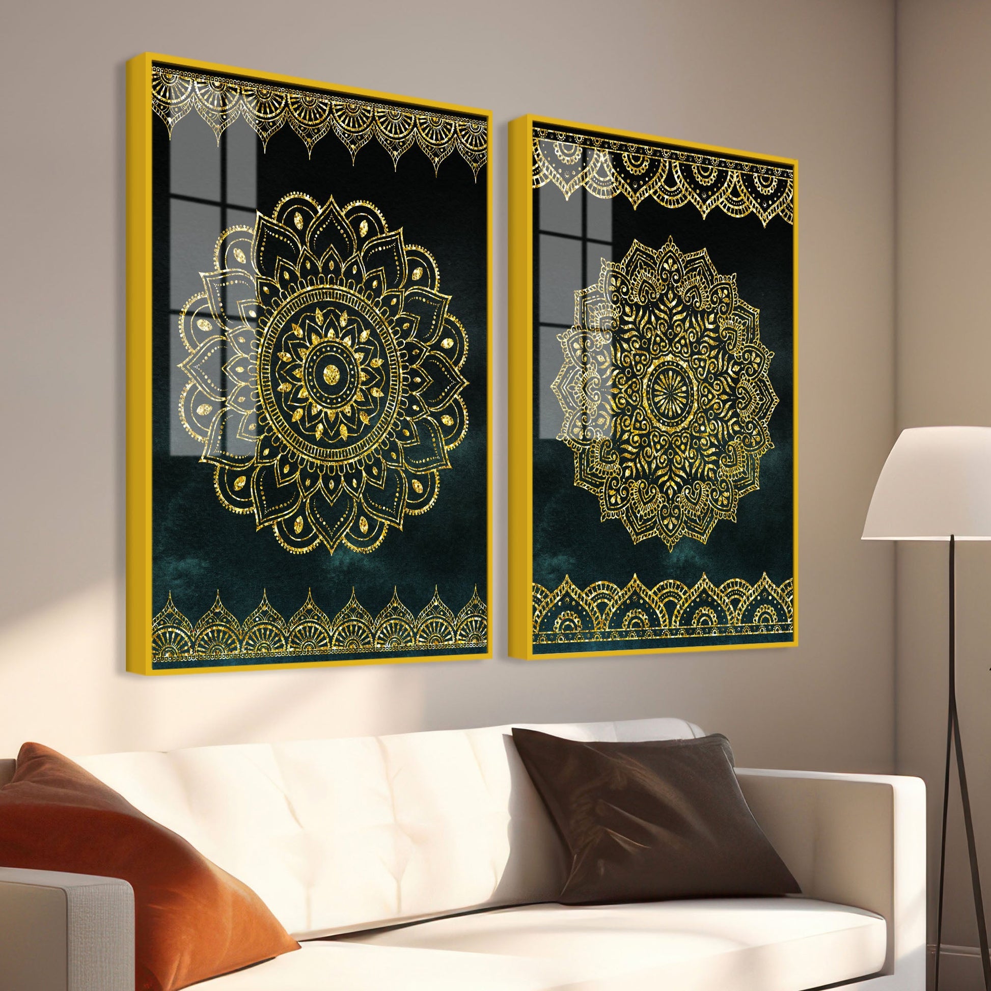 Golden Mandala Pattern Acrylic Floating Wall Painting Set of 2