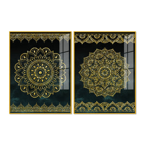 Golden Mandala Pattern Acrylic Floating Wall Painting Set of 2