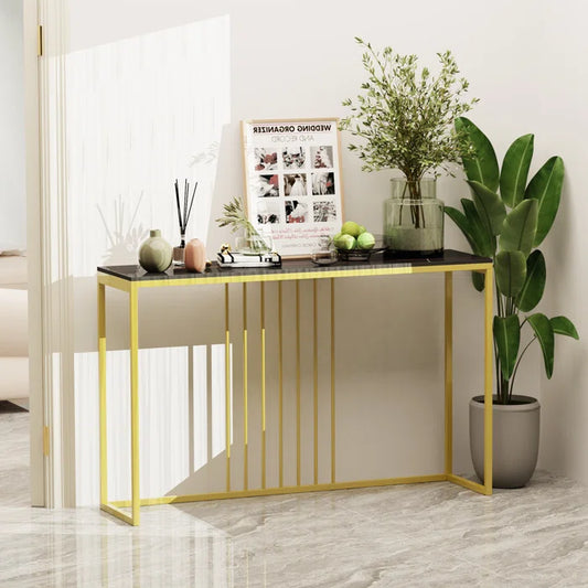 Golden Metallic Rectangular Shaped Black Marble Designer Console Table