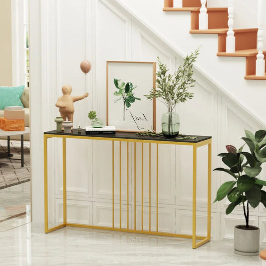 Golden Metallic Rectangular Shaped Black Marble Designer Console Table