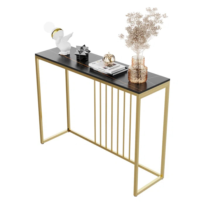 Golden Metallic Rectangular Shaped Black Marble Designer Console Table