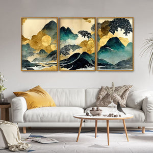 Golden Mountain Scenery of Mount Fuji Premium Floating Canvas Wall Painting Set of Three