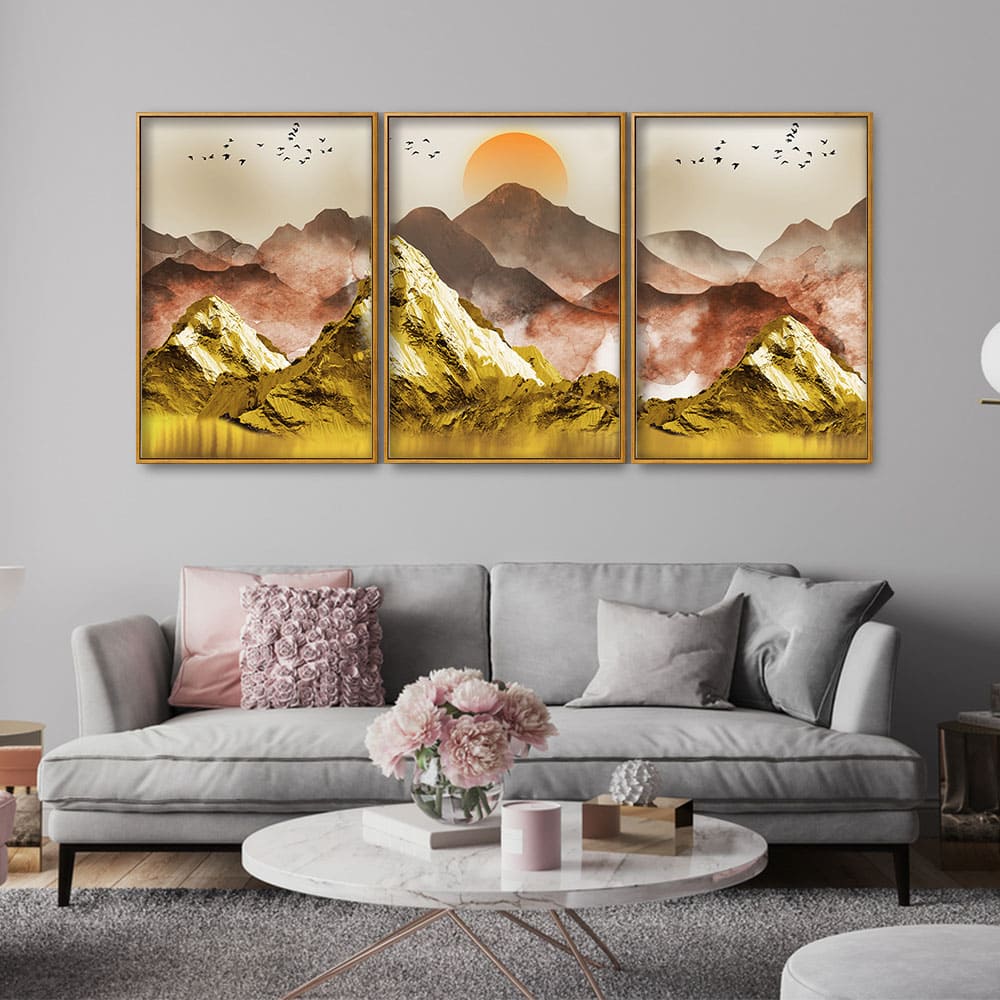 Golden Mountains and Birds Scenery Floating Canvas Wall Painting Set of Three