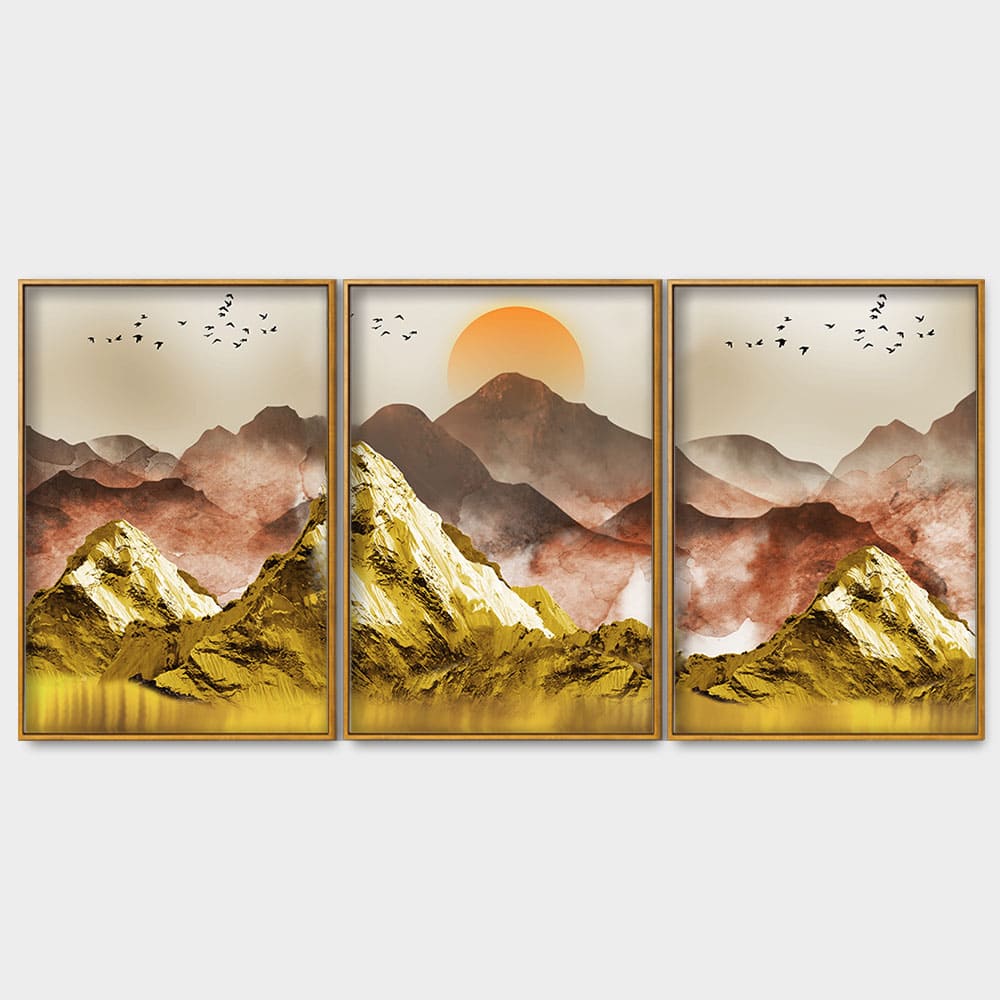 Golden Mountains and Birds Scenery Floating Canvas Wall Painting Set of Three