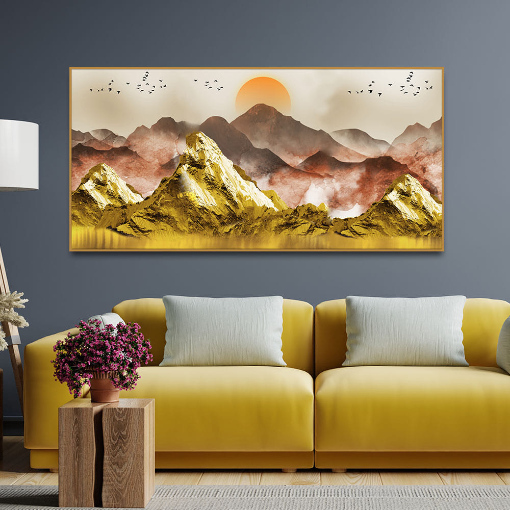 Golden Mountains and Birds Scenery Premium Canvas Wall Painting