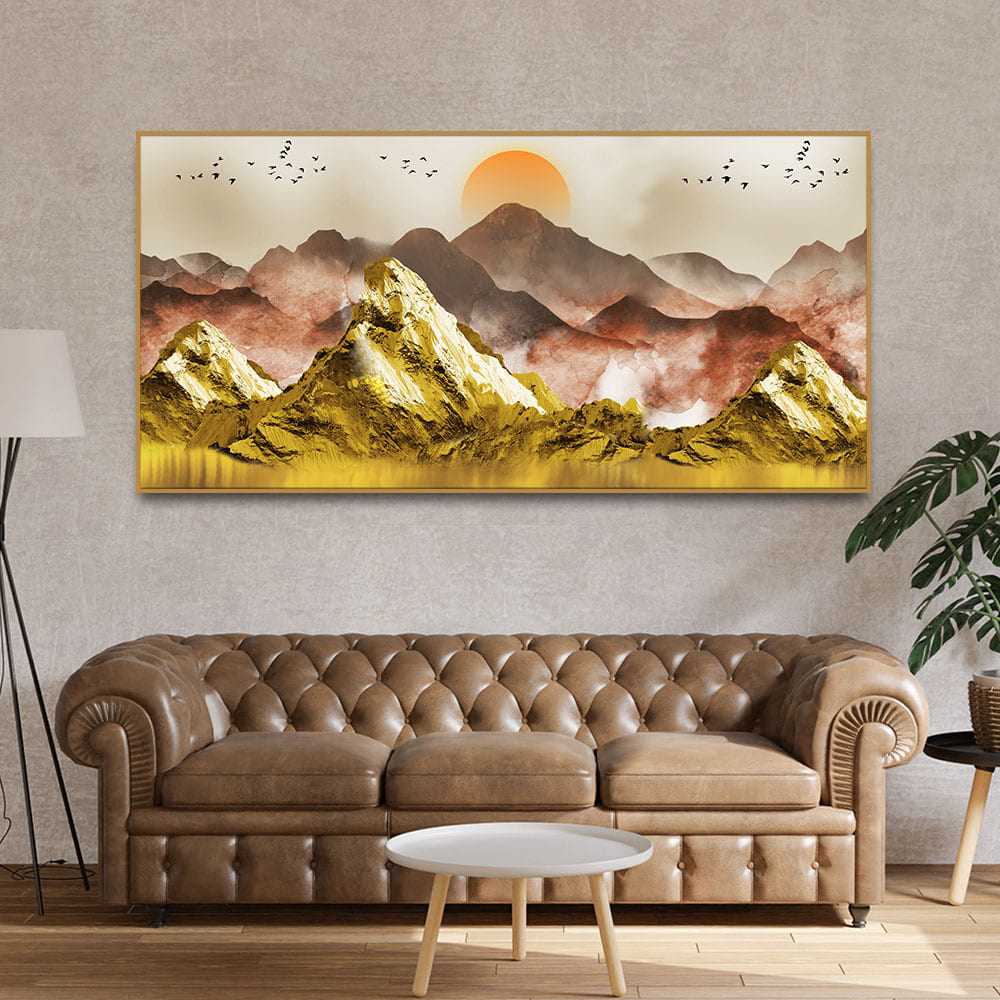 Golden Mountains and Birds Scenery Premium Canvas Wall Painting